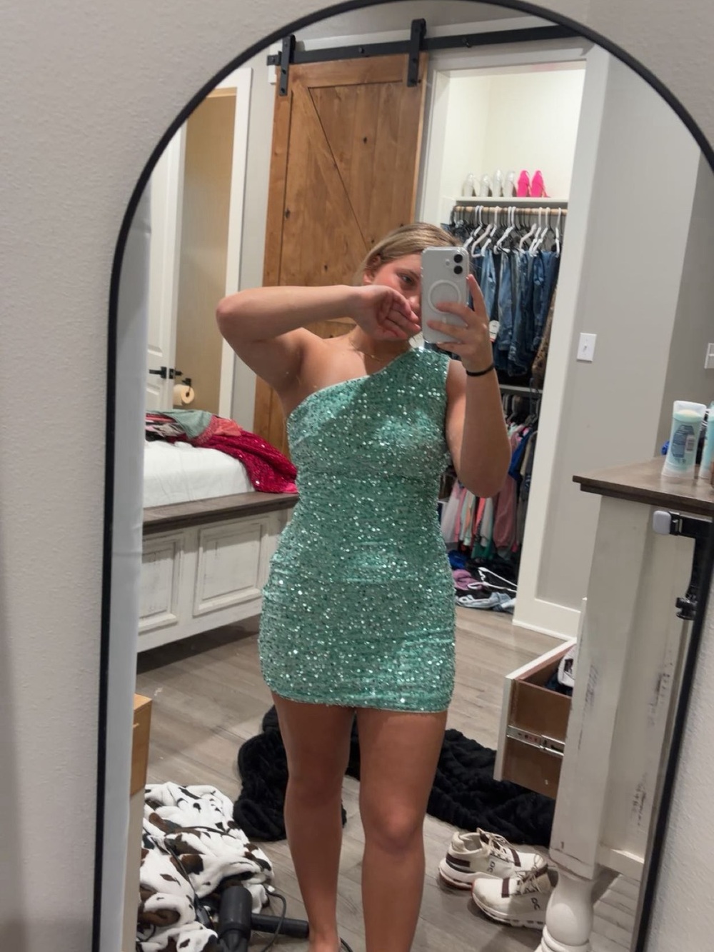 Amazon Mint Green One-Shoulder Sequin Mini Dress